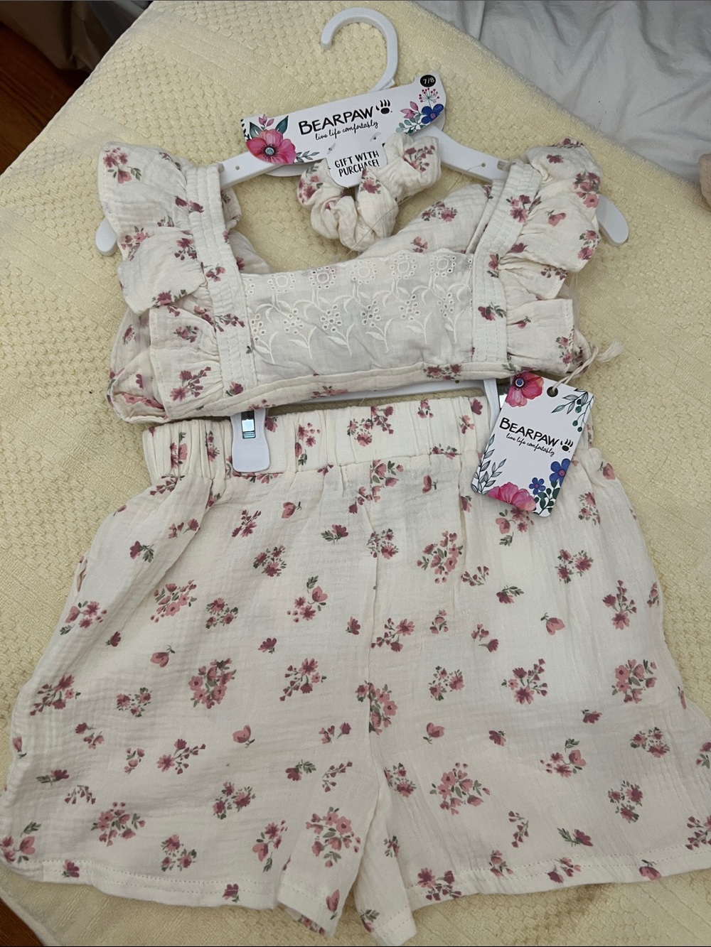 BearPaw Cream Floral Ruffle Romper with Smocked Bodice